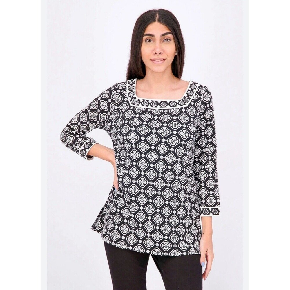 Magnolia Grace Mariana Square Neck Knit Tunic Top Women's Large Black White